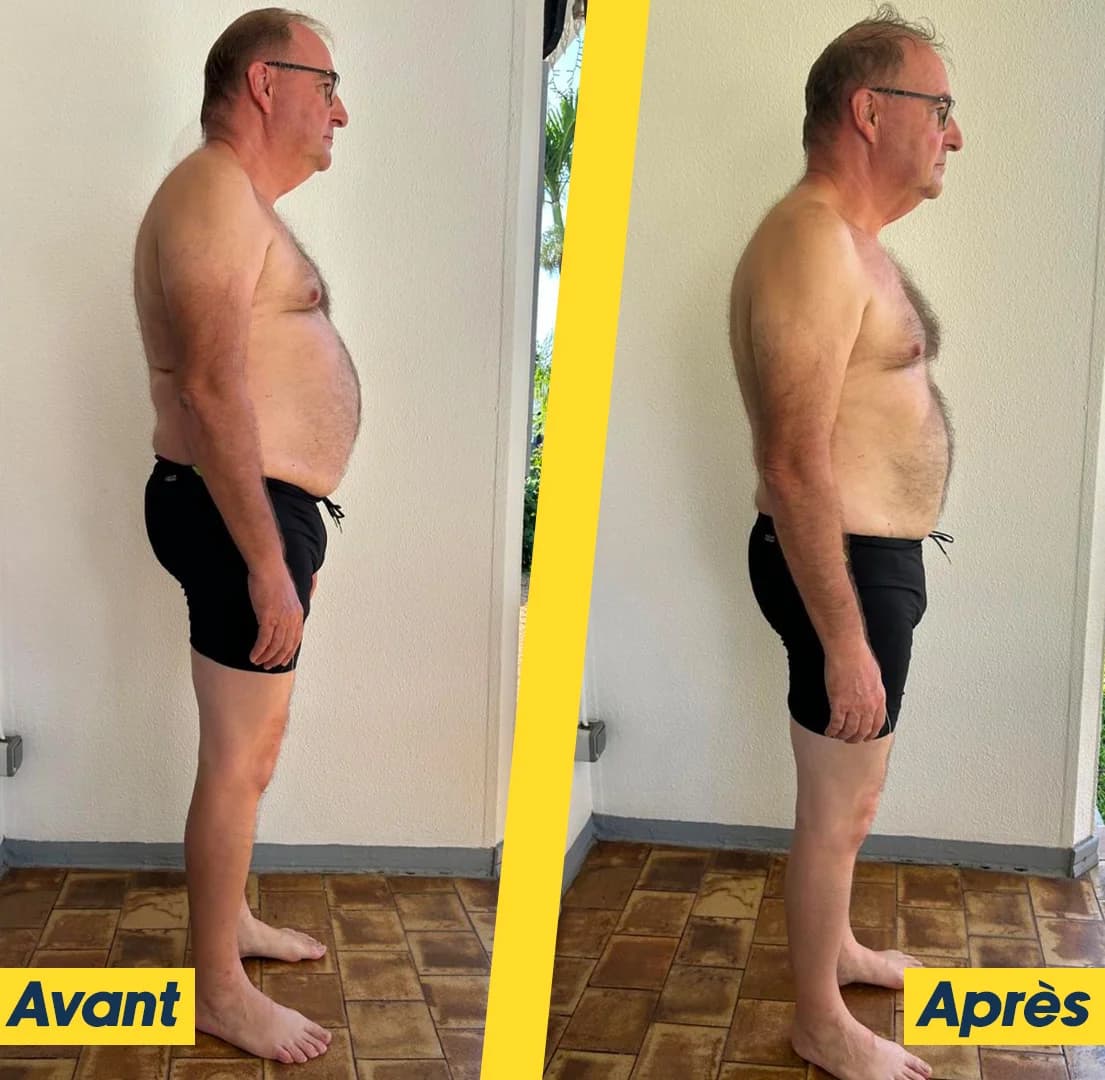 Jean de profil, photos avant et après son accompagnement, séparées par un mètre ruban.