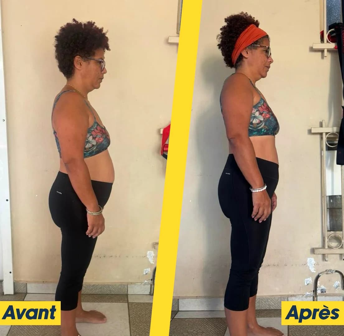 Sabine de profil, photos avant et après son accompagnement, séparées par un mètre ruban.